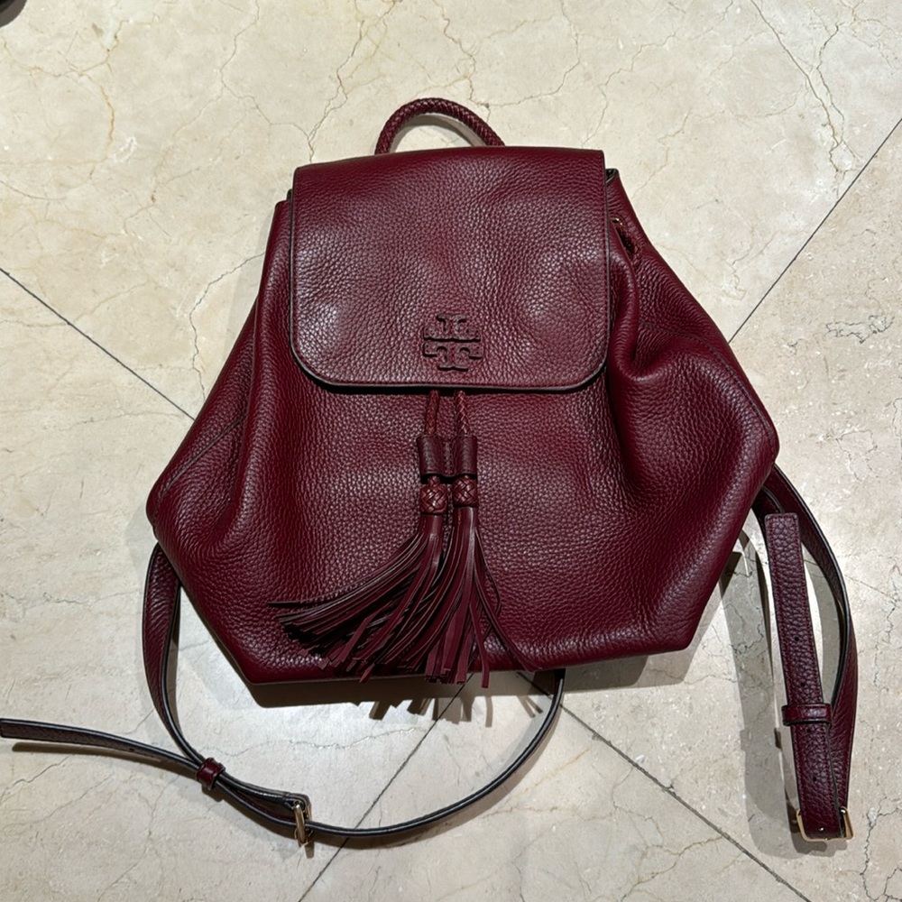 Tory Burch soft red marble leather backpack
